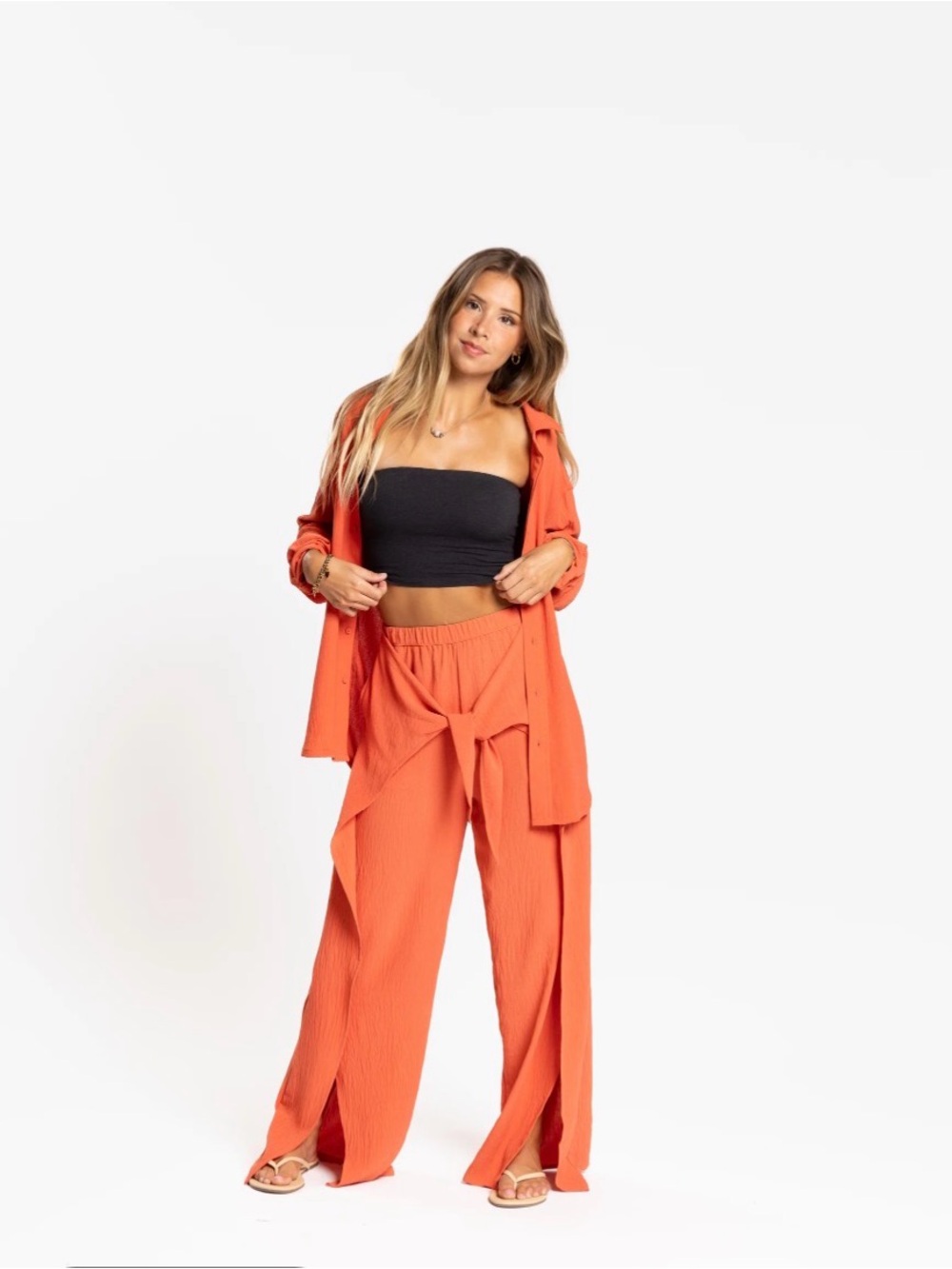 PTULA Resort Tie Pant & Resort Button Down Set Nectarine Small Vacation Holiday